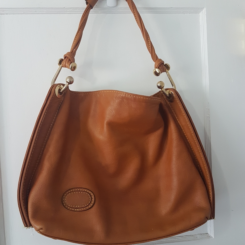 Vintage 90s Hobo Brown Leather Boho Handbag Purse Chunky Gold Hardware Sz OS